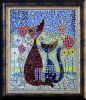Grand tableau, mosaïque, 60x68cm, encadré, Maman chat et bébé au jardin