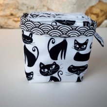 Pochon réversible et 7 lingettes démaquillantes lavables, coton, chats noirs, fond blanc
