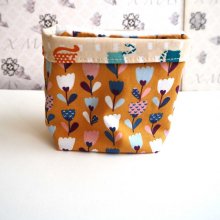 Pochon réversible et 7 lingettes démaquillantes lavables, coton, fleurs fond ocre/chats beige, verts