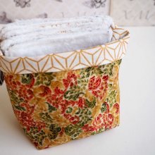 Pochon réversible et 7 lingettes démaquillantes lavables, coton, tissu japonais ocre, doré