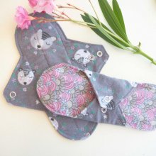 Serviette hygiènique T2 lavable,gris ours, coton gris/rose