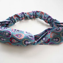 Bandeau coton noué, lavable, bleu avec gouttes, élastique au dos, 26cm non étiré