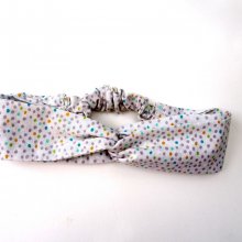 Bandeau coton noué, lavable, blanc petits pois, élastique au dos, 26cm non étiré
