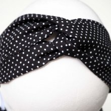 Bandeau coton noué, lavable,fond noir petits pois, élastique au dos, 26cm env non étiré