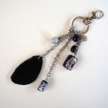 Bijou de sac, 16cm, belle agate noire 5x3cm, perles verre, agate 