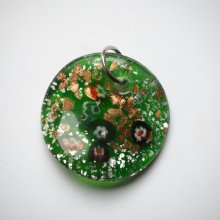 Pendentif, Gros coeur en verre avec millifiori, ton vert, 4,5x4,5cm, ép1cm