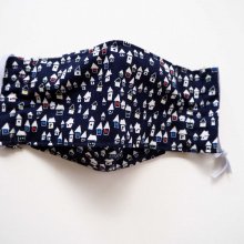 Masque 3D M, Face coton, dos crêpe, bleu marine avec maisons, pour femme, ado