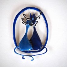 Très beau pendentif 75x50mm, 2 chats amoureux , 2 tons de bleu, métal émaillé