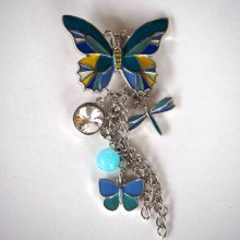 Grande breloque PAPILLON, métal émaillé, ton bleu/jaune avec breloques