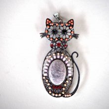 Grande breloque CHAT, argent antique filigrammé avec perles et strass, 80x40mm