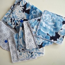 Pochette Nomade + 6 lingettes assorties, lavable, réutilisable, coton kaufmann fleurs bleues et argent