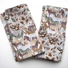 E- Serviette de table 33x33cm, ton beige une face avec zèbres, l'autre avec tigres