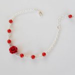 Bracelet rose rouge avec perle en gorgone rouge sur chaine argent 925