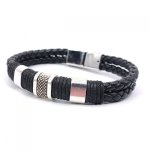 Bracelet homme 3 passants et corde sur cuir noir