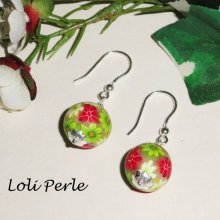 Boucles d'oreilles perles d'argile fleurie  en argent 925