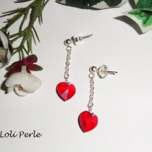 Boucles d'oreilles argent 925 chaine avec coeur en Swarovski rouge