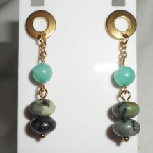 Boucles d'oreilles pierres de jaspe verte sur chaine or acier inoxydable