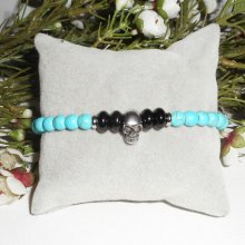 Bracelet en pierres d'onyx et turquoise avec tête de mort en acier inoxydable