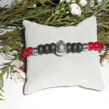 Bracelet en pierres de jade rouge et argile noir avec bouddha argent