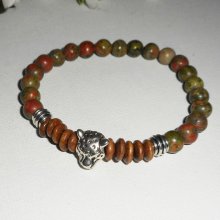 Bracelet pierres en unakite, bois avec tête de panthère