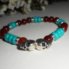 Bracelet pierre turquoise et cornaline avec têtes de mort