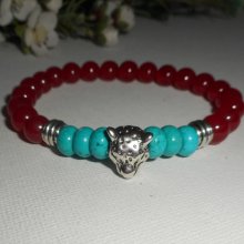 Bracelet pierre turquoise et cornaline avec tête de panthère