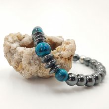 Bracelet homme en pierres d'hématite gris anthracite et crysocolle 