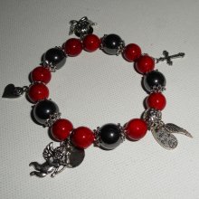 Bracelet en pierres d'hématites et turquenite rouge avec pampilles thème anges