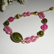 Bracelet en Verre de Murano et cristal rose et vert sur chaine en acier or