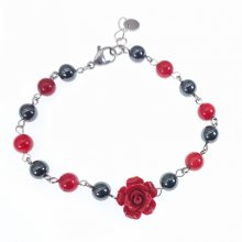 Bracelet en pierres d'hématite avec rose rouge