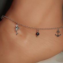 Bracelet/chaine de cheville originale en argent 925 avec pampilles thème mer avec cristal noir