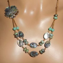 Collier pierres de jaspe verte avec  fleurs et palets d'abalone double rangs