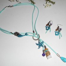 Parure Collier lacet en daim bleu sirène avec étoile de mer, bouteille et pierres