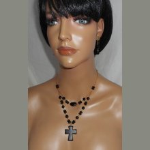 Parure Collier pierres onyx avec grande croix double rangs
