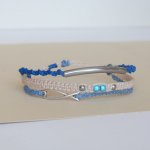 Bracelet multi-rangs 3 en 1  en micro-macramé bleu et beige sable
