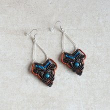 Boucles d'oreilles  en micro-macramé marron, bleu turquoise, cuivré