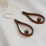 Boucles d'oreilles en cuir marron et pierres de gemmes Unakite