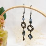 Boucles d'oreilles pendantes asymétrique laiton naturel et perles en hématite