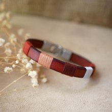 Bracelet tissé en cuir  marron roux  au tissage en coton