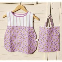 Ensemble tablier enfant et son sac violet blanc taupe