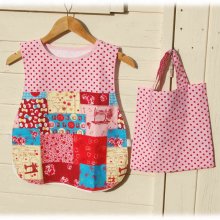 Ensemble tablier enfant et sac rose rouge bleu turquoise motif patchwork