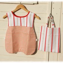 Tablier chasuble enfant et sac rouge blanc taupe