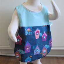 Tablier chasuble enfant 1-2 ans haut turquoise et bas motifs hiboux et nichoirs