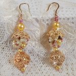 BO La Petite Robe Jaune montées avec rocailles, perles rondes nacrées en Cristal, perles, coupelles Laiton et Plaqué Or