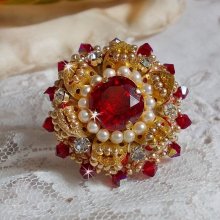 Bague L'Oiseau des Iles Rouge Doré, perles, cristal de Swarovski et rocailles