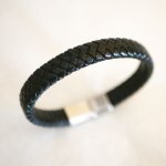 Bracelet cuir noir tressé homme fermoir acier magnétique à glissière