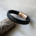 Bracelet cuir noir tressé fermoir acier Rose Gold magnétique