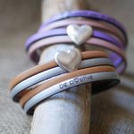 Bracelet cuir double en duo avec coeur argenté à personnaliser par gravure