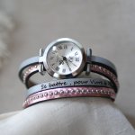 Montre argenté bracelet double cuir rose métallisé à personnaliser 