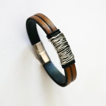 Bracelet cuir fauve doublé décor métal tressé fermoir aimanté